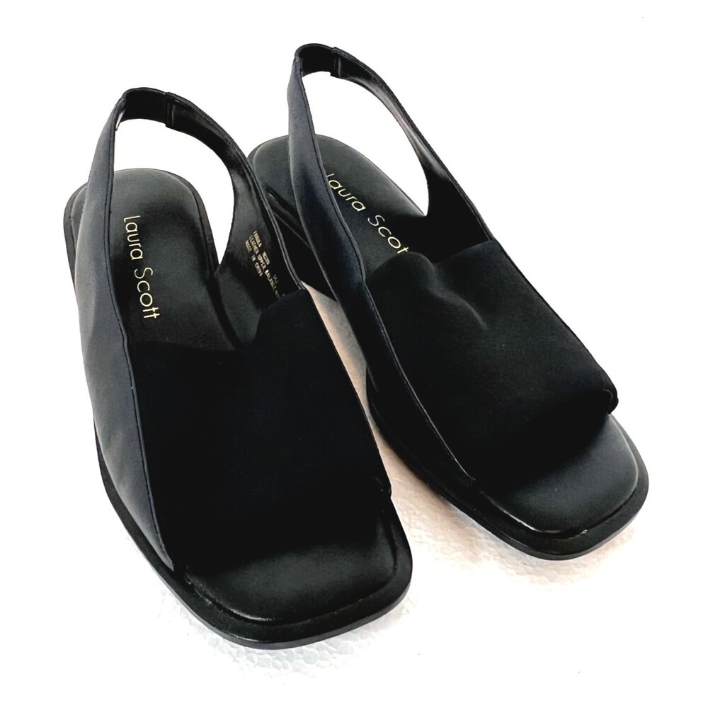 Laura Scott Women's 6M Fabula Black Open Toe Slingback Chunky Heel Sandals NEW